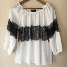 Ivory Black Blouse XL Sheer Eyelash Lace Boho Gothic Dark Romance Top Amy Wear