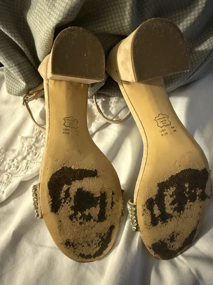 Sandalias beige plata estrás tacón grueso correa al tobillo talla 6 usadas una vez Foto 4 de 4