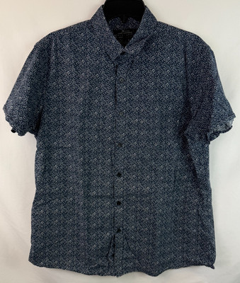 Marc Anthony Luxury Slip Fit Blue White Short Sleeve Button Up Shirt Men Sz L