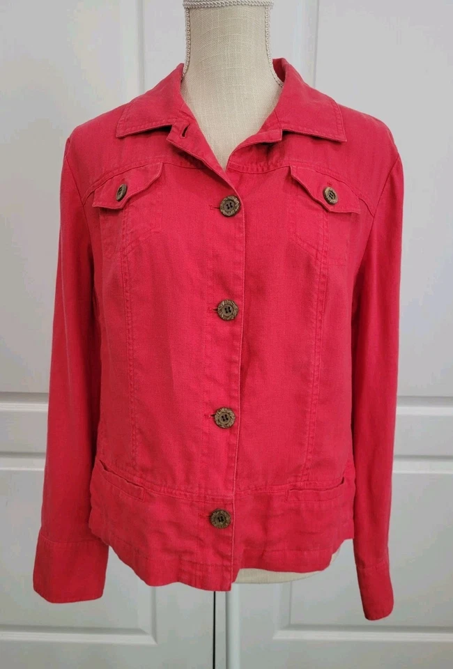 Chaqueta CHICOS Lino Puro Talla 1/Mediana Roja Camionero Manga Larga Abotonada 4 Bolsillos Foto 2 de 4