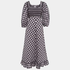 Ganni BlackSweet Lilac Checked Cotton Blend Smocked Seersucker Maxi Dress XS