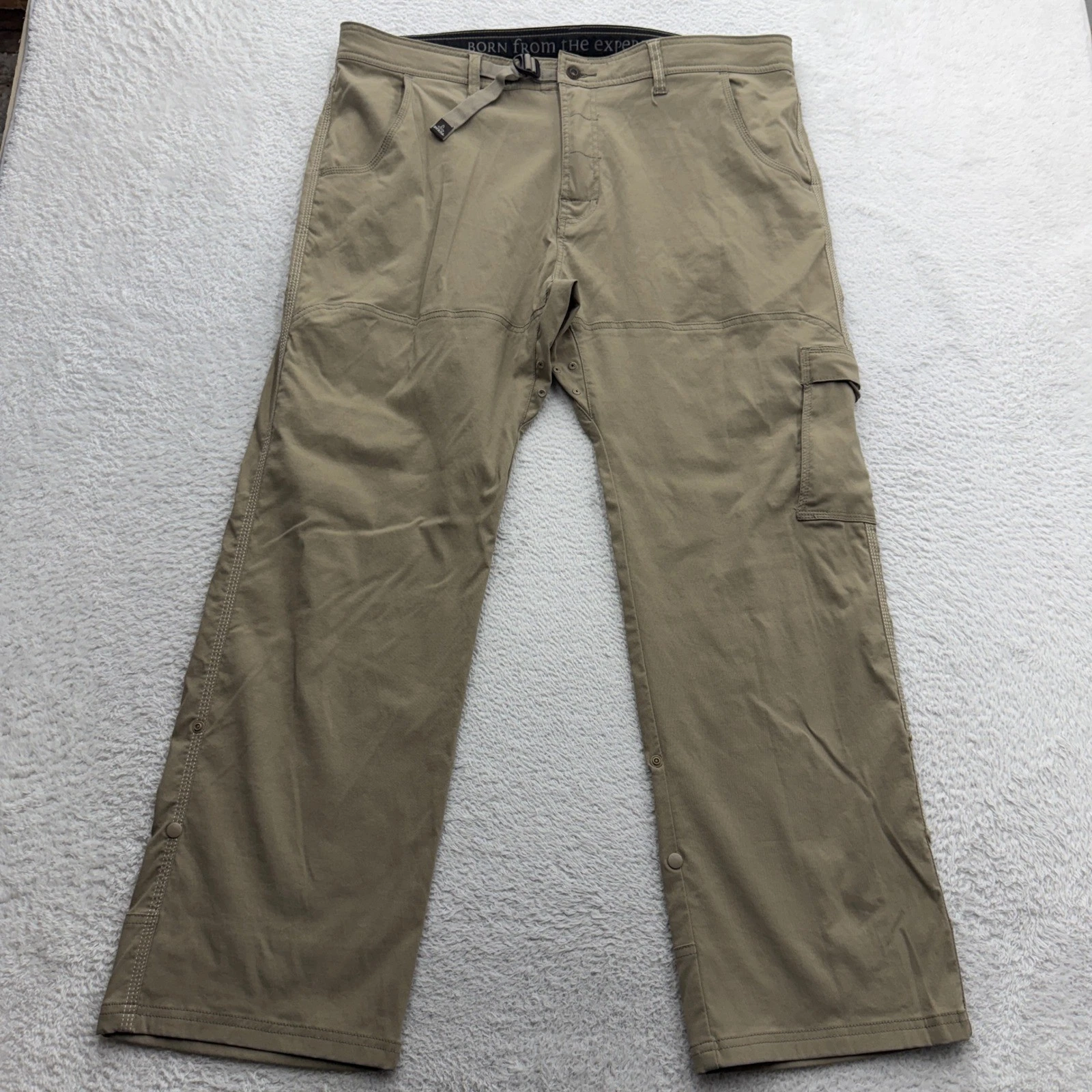 Prana Zion Mens 40x30 Khaki Tan Stretch Nylon Hiking Cargo Pants Snap Up Leg