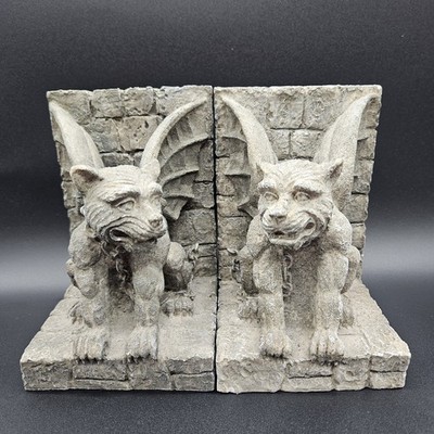 Vintage 1995 Vandor Winged Gargoyle Gothic Decor Stone-Finish Bookends Pair 