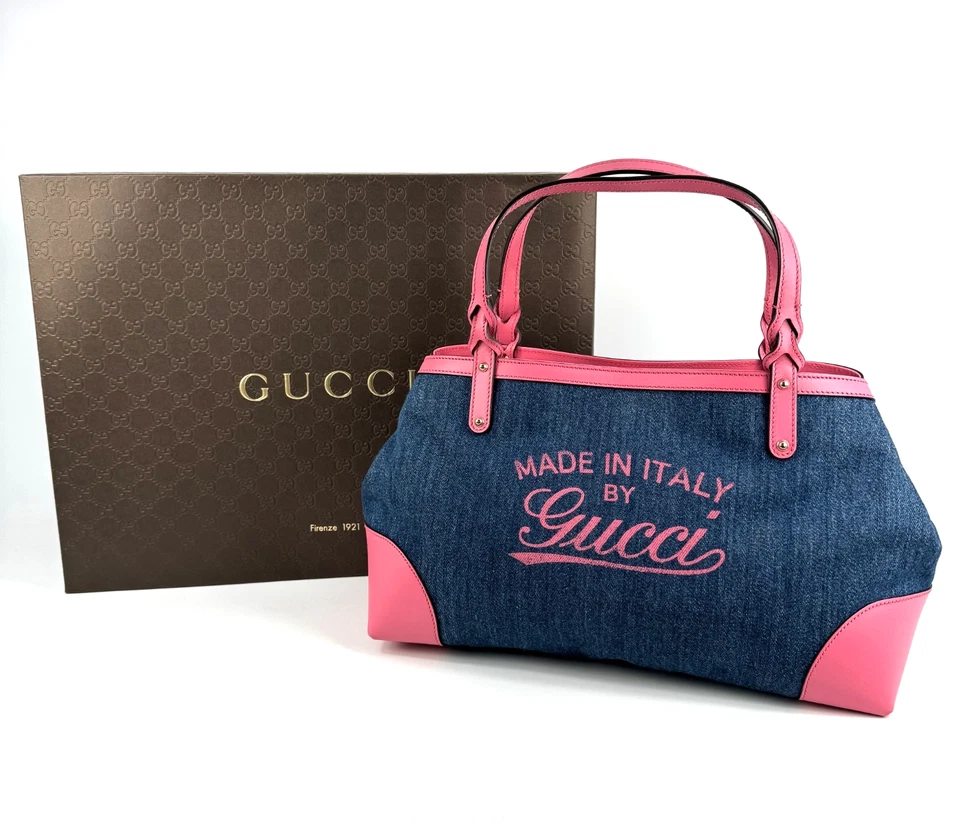 Auténtico bolso de mano artesanal GUCCI cuero azul denim rosa Foto 2 de 4