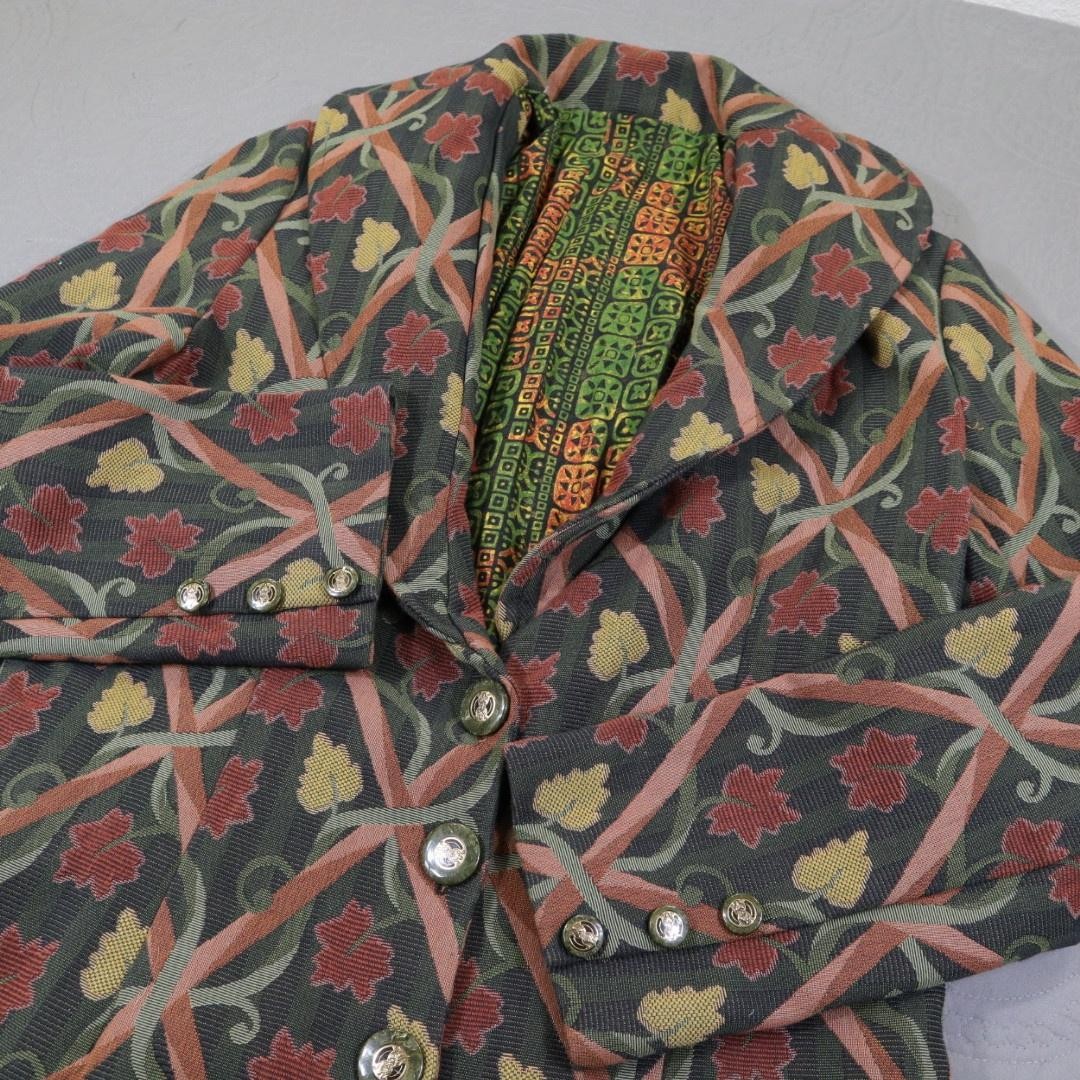 Vintage Floral Coat Womens Medium Multicolor Cotton Long Overcoat Retro Trench