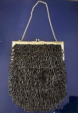 Black Looped Fringe Beaded Framed Purse Vintage Art Deco 1920's Style 8" x 6"