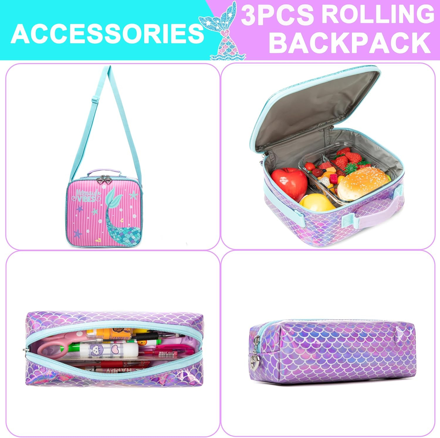 Mermaid Backpack Set for Girls - Includes Lunch Box & Pencil Case, Ages 6-8