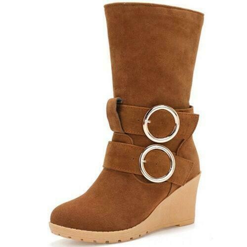 Halbhohe Damenstiefel Keilabsatz hoher Absatz Schnallenriemen Freizeitschuhe - Bild 14 von 14
