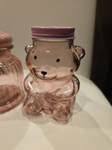 Valentines Day Candy Jars, Set Of 2, Pink With Heart Lid Bear Glass Candy Dish - Picture 6 of 8