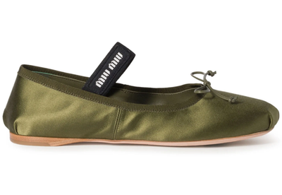 Miu Miu Satin Oliva Green Black White Logo Strap Ballet Ballerina