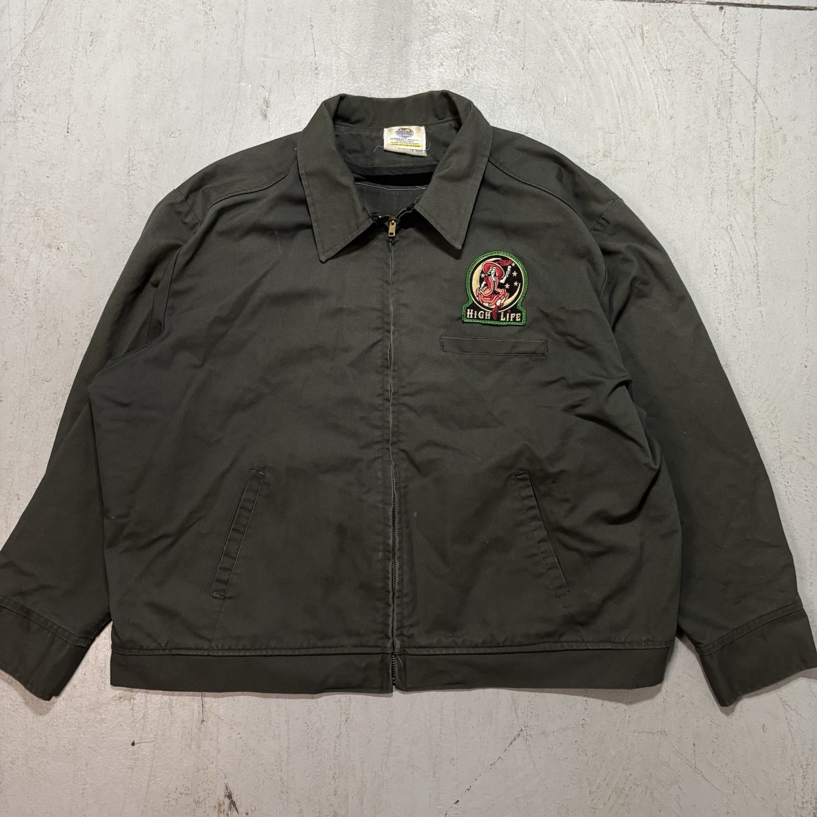 Mens Vintage Miller High Life Embroidered Patch Riverside Work Full Zip Jacket