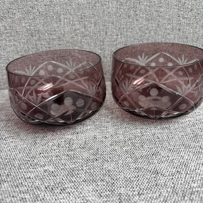 Pair of Vintage MCM Bohemian  Cut To Clear  Amethyst Glass Crystal Bowls  As Is