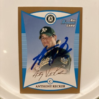 2008 Bowman ANTHONY RECKER Signed Autographed Gold Card Oakland Athletics #BP51