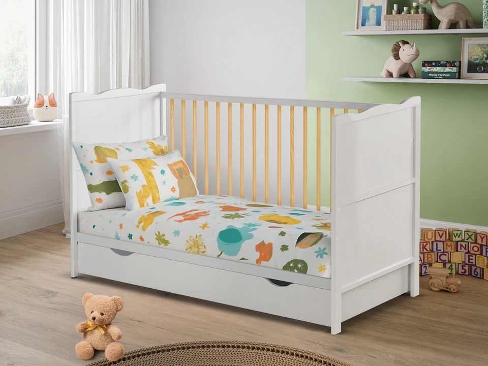 White Baby Cot Bed for Newborn 120x60cm or 140x70cm & Storage Drawer & Mattress - Image 4 of 4