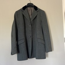 "Chaqueta Caldene Tweed Damas 42"" Gris Cuadros con Cuello Terciopelo Azul Excelente Estado"