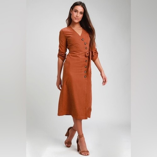 NWT Lulu's Sz XS Pull Me Close Terracotta Suede Button-Up Midi Dress