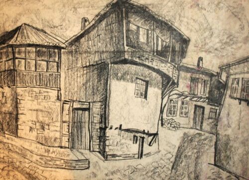 Antique impressionist charcoal painting cityscape - Picture 1 of 12