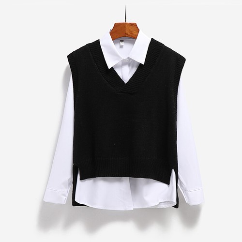 Maglione pullover maglione donna preppy maglia canotta senza maniche scollo a V - Foto 9 di 16