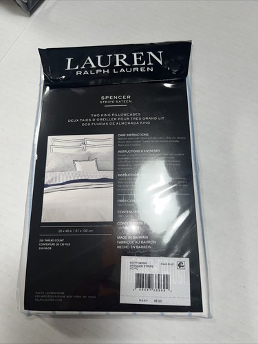 Lauren Ralph Lauren Spencer King Pillowcase, Aqua Blue (Set of 2) $85 Striped - Picture 2 of 5