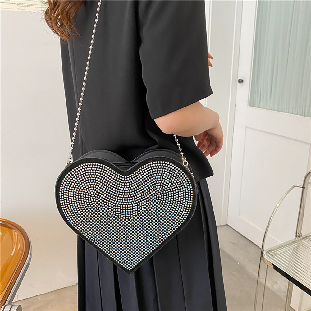 Heart Shaped Rhinestone Shoulder Bag Shiny Chain Purse Handbag