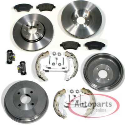 Bremsscheiben + Beläge vorne + Bremstrommeln + Zubehör hinten für Ford Fiesta VI