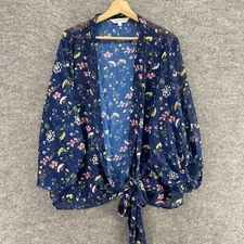 Davi & Dani Blouse Women S Small Blue Floral Tie Up Long Sleeve Open Front Sheer