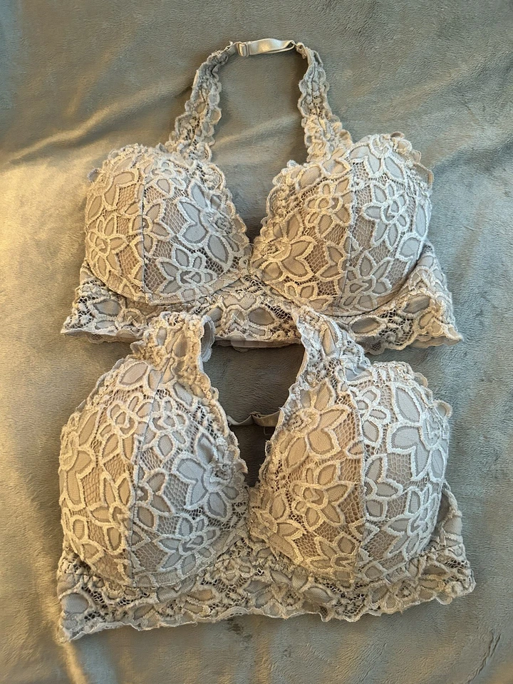 True By Rue 21 Gray Bralette Halter Strap Crochet Lace 2 Bra Lot Size Medium - Image 3 of 4