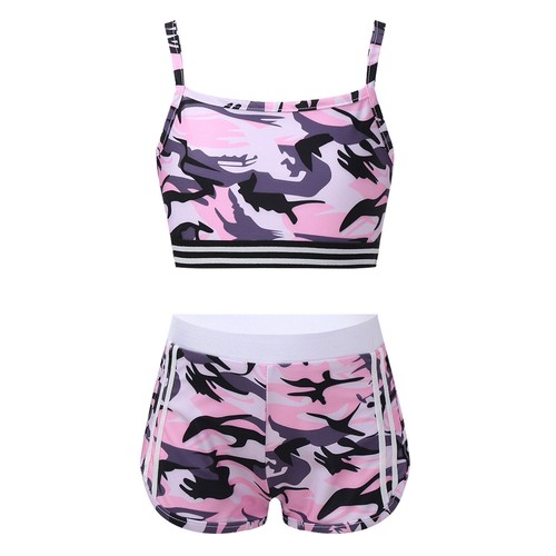 Girls 2 Pcs Gym/Dance/Swim Crop Top with Bottoms Gymnastics Leotard Outfits - Picture 12 of 39