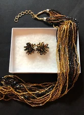 Multi Strand Sea Bead Necklace 32-35" Earrings Box Set Gold Brown Black Sparkles