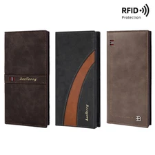 Mens Bifold Leather RFID-Blocking Pocket Card Holder Purse Long Wallet Checkbook