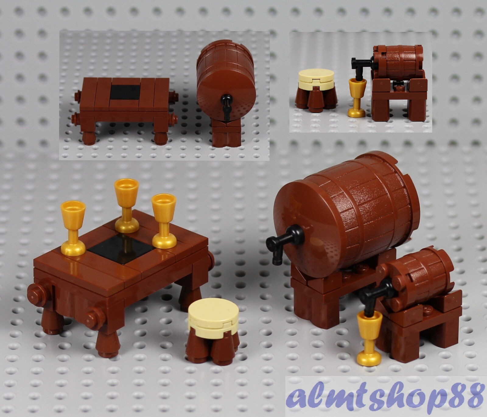 LEGO - 2x Wine Barrel on Stand w/ Table Kegs Goblets Tap Drink Minifigure Castle