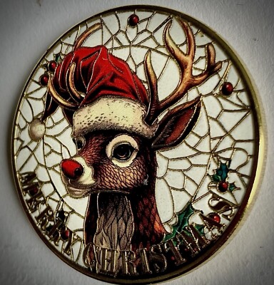Christmas Deer Challenge Coin-Gold Colored-Stained Glass Look-New-Rudolf