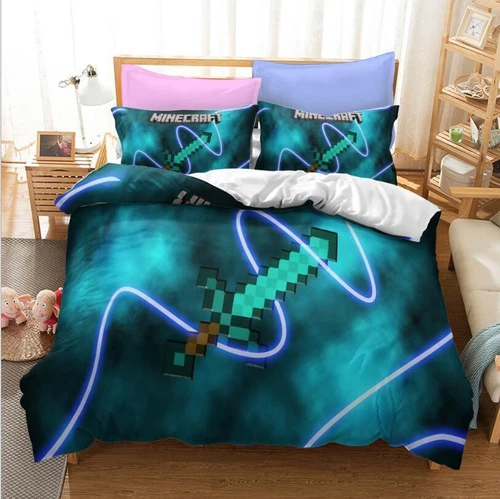 Set lenzuola Minecraft 3 pezzi trapunta copripiumino dormitorio singolo matrimoniale king size UK - Foto 4 di 25