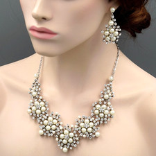 Rhodium Plated Pearl Crystal Necklace Earrings Bridal Wedding Jewelry Set 09076