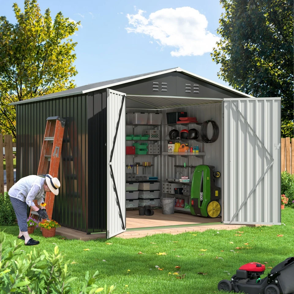 Galpão de armazenamento externo de metal 8x12 pés jardim galpão de ferramentas resistente com porta com trava - Imagem 2 de 4