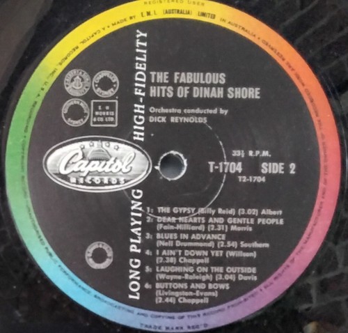 DINAH SHORE THE FABULOUS HITS OF DINAH SHORE 1962 CAPITOL T 1704 AUS/US MONO LP - Picture 3 of 3