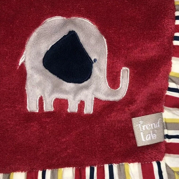Trend Lab Baby Blanket Red Plush Grey Elephant Yellow Navy Stripe Lovey - Image 4 of 4
