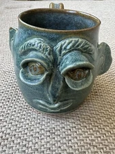 Vintage Early 2000’s Callicutt Pottery Asheville NC Blue Drip Glaze Face Pot Jug