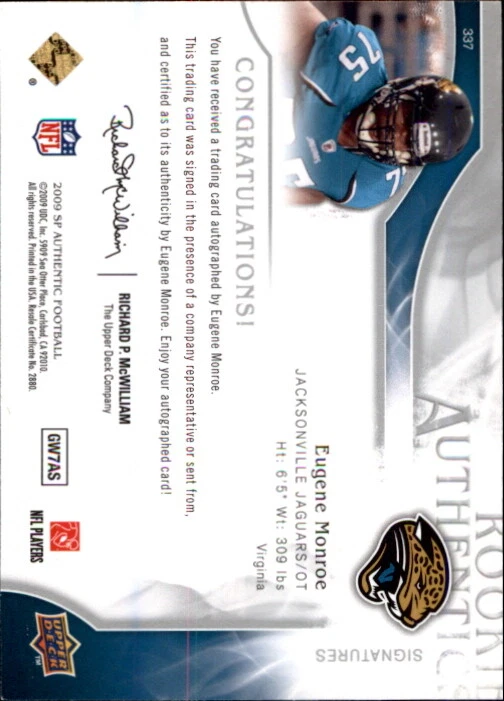A1642- 2009 SP Authentic #337 Eugene Monroe RC Auto /799 SAMPLE PIC - Image 2 of 2