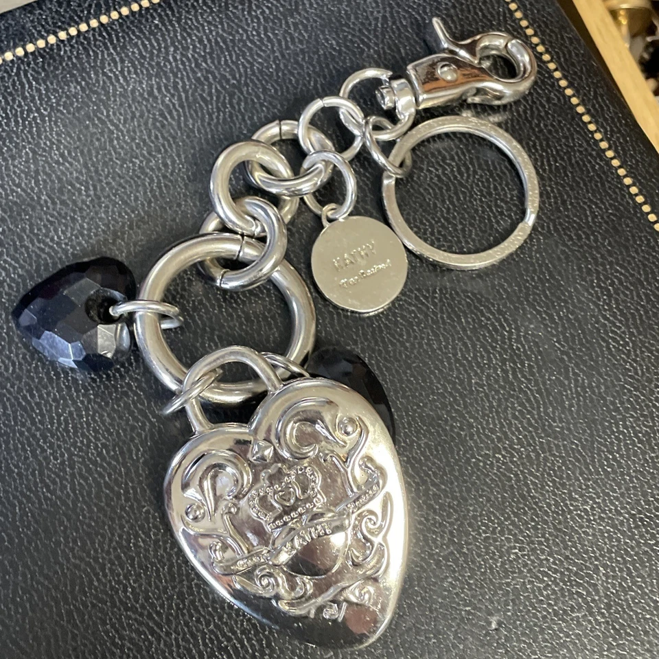 Kathy Van Zeeland Silver RARE BLACK HEART fob Charm Key Chain Puffy Heart - Image 2 of 2