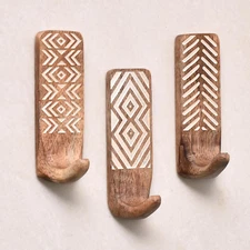 Boho Wood Adhesive Wall Hooks 3-Pack Waterproof No-Drill Coat/Towel/Key Holder