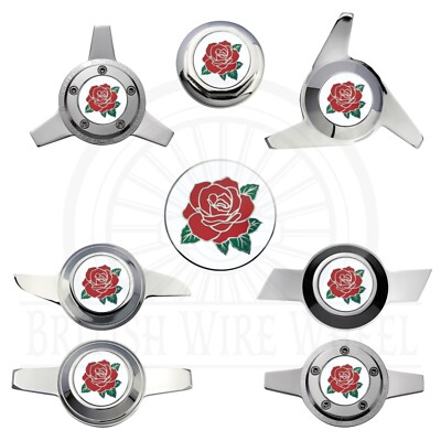 Red Rose Chrome Metal Wheel Chip Emblems with Knock Off Spinner Caps, Set of 4