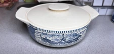 RARE Vintage Currier & Ives Royal China Covered Casserole White Lid Tab Handles