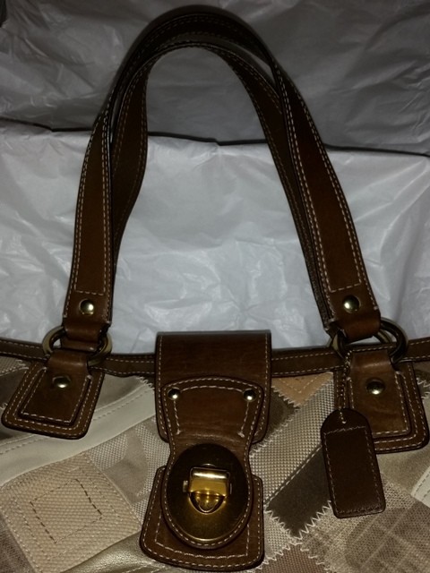 COACH KHAKI BROWN SIGNATURE PATCHWORK ZIP TURNLOCK TOTE BAG