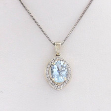 14k White Gold Aquamarine March Birthstone Diamond Halo Pendant Necklace New