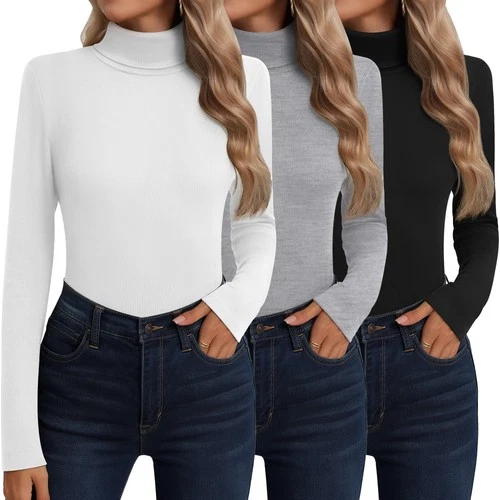 Women's Cotton Turtleneck Thermal Tops 3-Pack Long Sleeve – Size S, 3 Colours