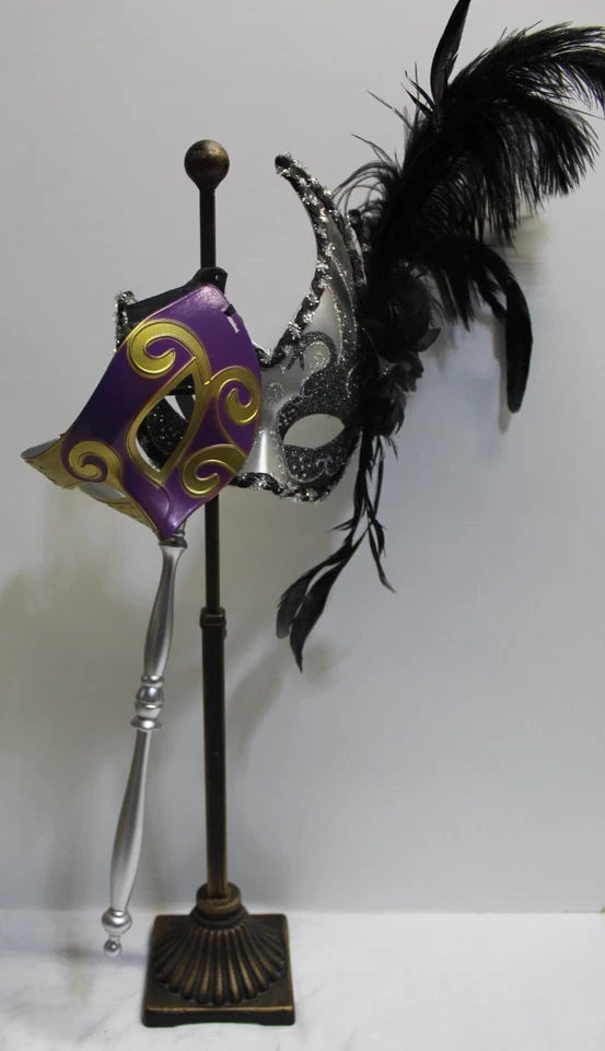 Máscara de baile de dos mascaradas con soporte de metal ~ plumas ~ fiesta de disfraces Halloween Foto 3 de 4