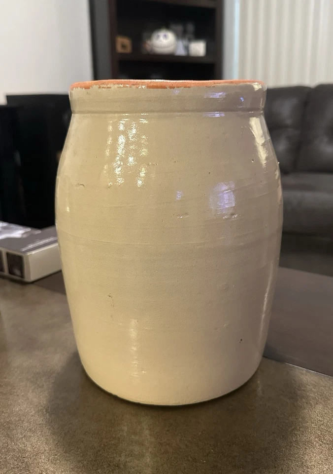 Vasija de galletas vintage de gres pintada a mano, con borde rojo antigua Foto 2 de 4