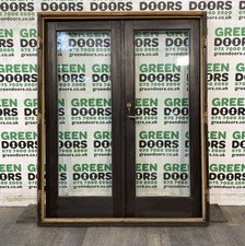VARNISHED FRENCH DOORS WOODEN EXTERNAL DOUBLE GLAZED PINE WITH FRAME USED TIMBER
