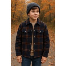 Eddie Bauer Kids Plaid Fleece Sherpa Lined Shacket Blue Brown Pockets Size M